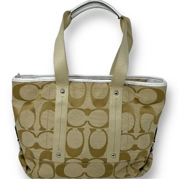 Coach Beige Signature Canvas Tote with Cream Trim - Picture 4 of 10
